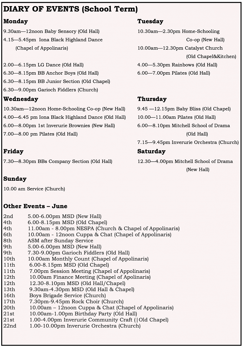 Diary of Events