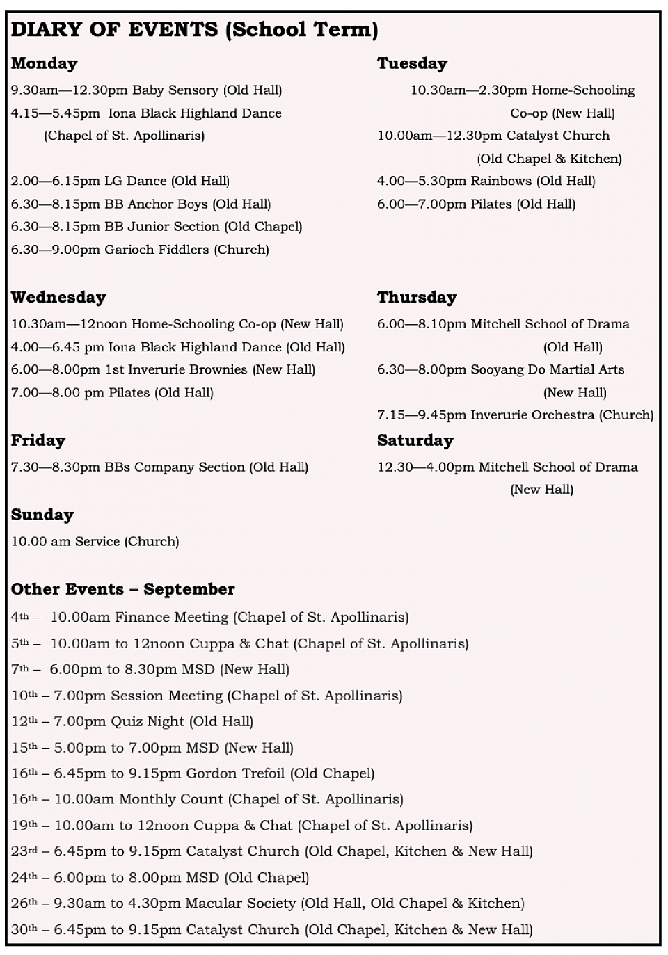Diary of Events