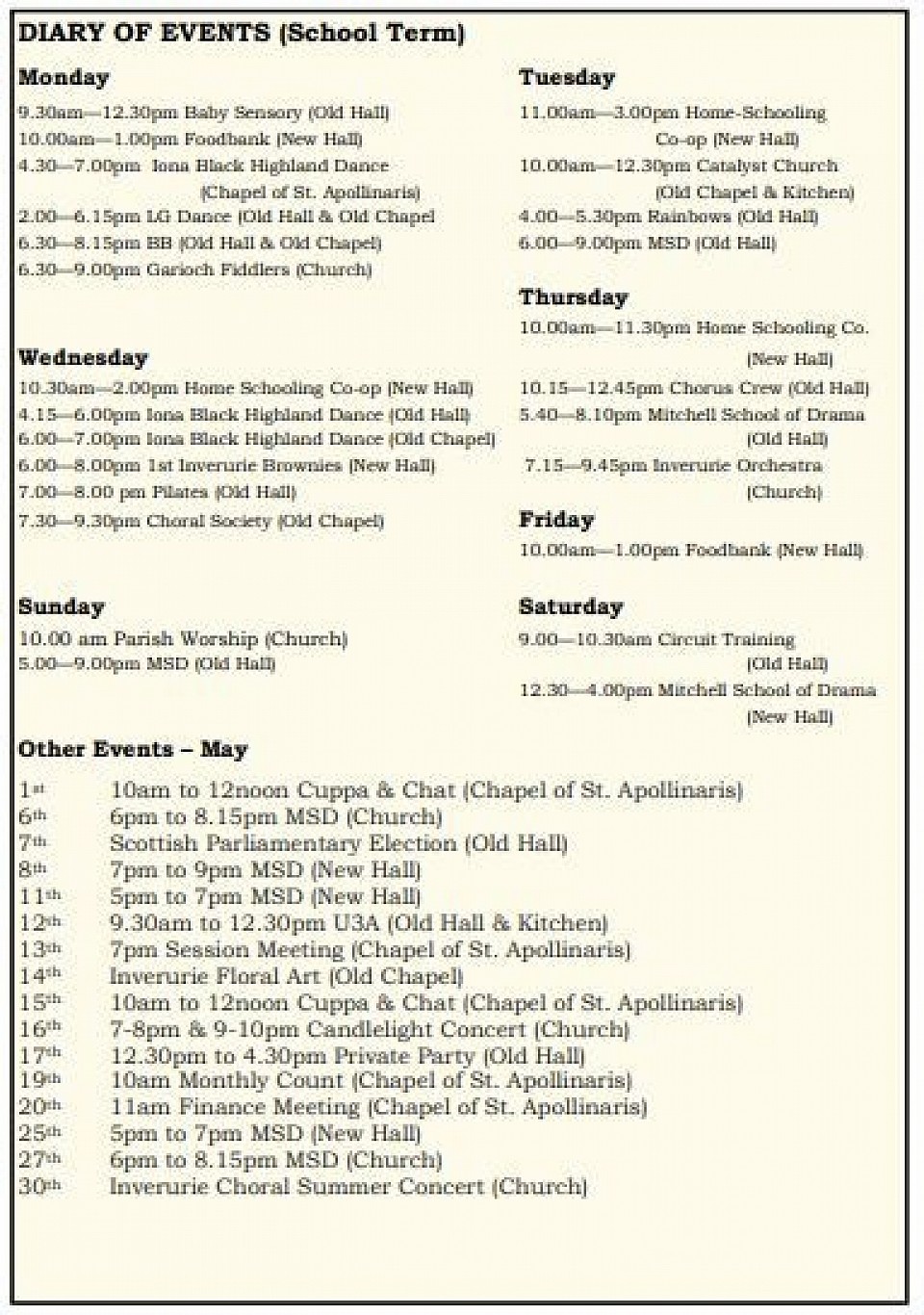 Diary of Events - May