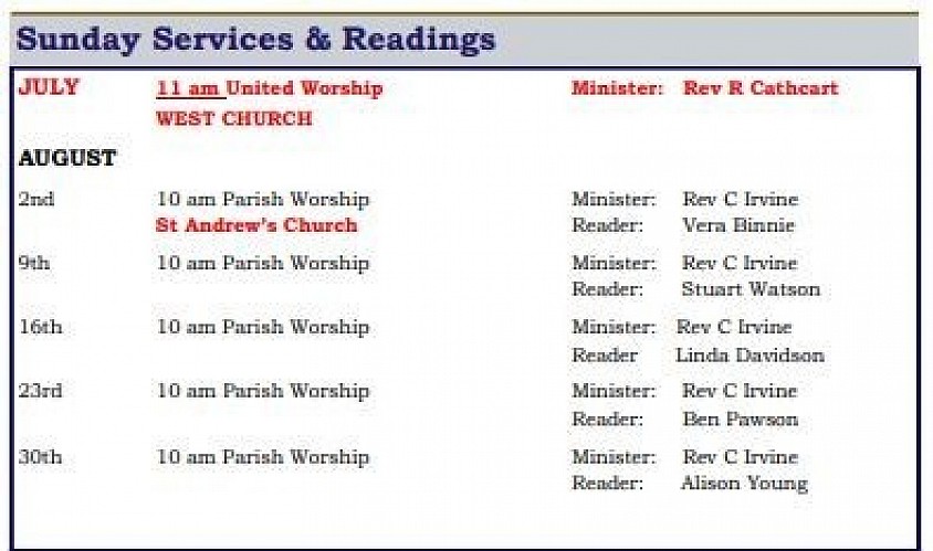 Sunday Services July and August